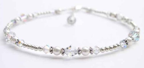April Diamond Birthstone Crystal Beaded Anklets - Adjustable Swarovski Crystal Ankle Bracelets in Sterling Silver