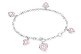 Childrens 1/10 Carat Diamond and Pink Enamel Heart Charms Sterling Silver Bracelet