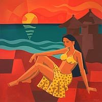 NOVICA Cubist Painting - 'Sunset on Kuta Beach'