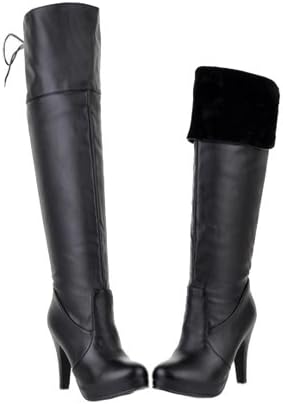 Huafeng Women's Knee-high Knight Boot High Heeled Shoes 6 Black