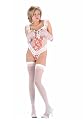 Open bust mesh teddy with floral embroidery, ruffled lace trim, and satin bow accent.