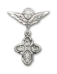 Sterling Silver Baby Badge with 4-Way Charm and Angel with Wings Badge Pin