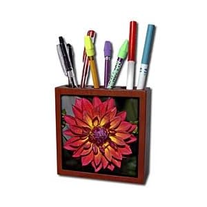 WhiteOak Photography Floral Prints - Beautiful orange and yellow dahlia - Tile Pen Holders-5 inch tile pen holder