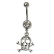 Stainless Steel Belly Ring with Clear Australian Crystals - Dangling skull with crossbones 14g/5mm ball