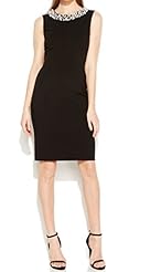 Petite Cocktail Above the Knee Polyester Sleeveless  Sheath Mini Dress  With Pearls
