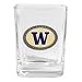 Square shot with metal applique featuring a photo-domed logo. Shot is approx 2 3/8IN tall. Applique is approx 1 inch across.