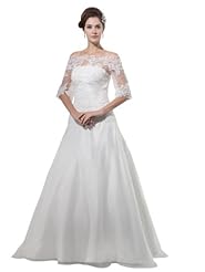 Spring Fall Floor Length Off the Shoulder Elbow Length Sleeves  Lace Applique Satin Wedding Dress  With a Bow(s)