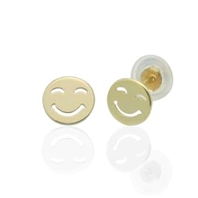 14K Gold Stud Earring CZ Smile Happy Face Yellow Gold Earring With Screw Back For Kids & Teens