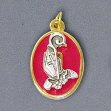 Confirmation Pendant - Mitre and Staff - Red Background - Height: 1"