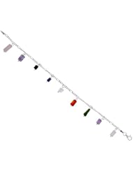 Sterling Silver Italian Charm Bracelet, w/ Dangling assorted Natural Stones, 3/4 inch (18 mm) wide