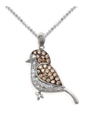 Bohemian Sparrow Bird Pendant Brown Chocolate CZ Rhodium over Sterling Silver - Chain included
