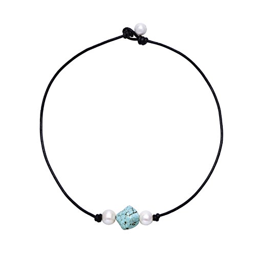 Handmade 9-10mm Freshwater Cultured Pearl Turquoise Choker Necklace on Black Genuine Leather Cord 16