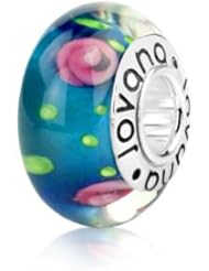 Murano Glass Blue with Pink Flowers Green Charm on Sterling Silver , Fits Pandora, Jovana Bracelet