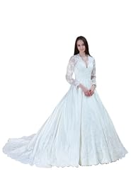 A-line V-neck Long Sleeves  Spring Fall Winter Satin Vintage Applique  Ball Gown  Dress with a Chapel Train  with a Court Train 