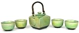 Japanese 5 Piece Green and Blue Tea Pot and Cup Tea Set