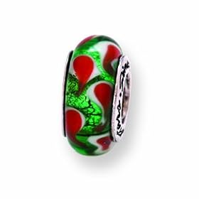 Ster. Silver Reflections Green Red Murano Glass Bead Charm