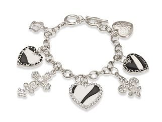 Silver Tone Zebra Print Heart and Cross Charm Bracelet