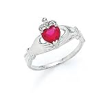 14k White Heart Ruby-Red Birthstone Claddagh Ring - Size 7.0