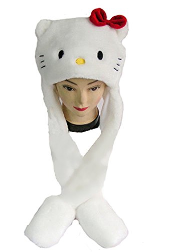 Funnie 21 Novelty Animal HAT Cosplay CAP - Unisex Fit Adult & Children- Soft Warm Headwraps Headwear with Mittens (White Kitty)