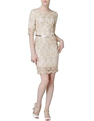 Spring Summer Short Illusion Applique Lace Belted Tulle Sheath  Dress