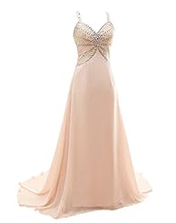 Sexy V-neck Beaded Open-Back Sequined Chiffon Spaghetti Strap Evening Dress/Prom Dress/Party Dress 