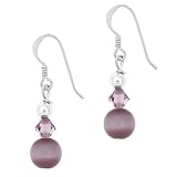 Sterling Silver .925 Lavender Glass Cats Eye Genuine Swarovski Crystal Bead Beaded Earrings