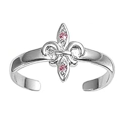 Sterling Silver Fashion Toe Ring - Fleur De Lise with Pink and Clear CZ - 2mm Band Width