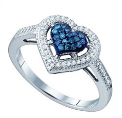 10k White Gold Blue Colored & Natural Cluster Halo Heart Love Womens Ladies Fashion Ring - .25 (1/4) Ct.t.w.