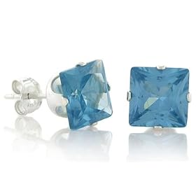 March Birthstone Aqua Marine Blue Round Cut Cubic Zirconia CZ Silver Stud Earrings