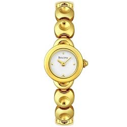 BULOVA Women's Petite Gold-tone Round Faced Link Watch with White Dial. Model: 97T75