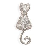 Rhodium Plated Sterling Silver Cubic Zirconia CZ Kitty Pin, Moveable Tail, 1 5/8 in