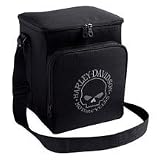 Skull Cooler. Ripstop polyester insulated cooler with zipper top lid, zipper front pocket, and adjustable shoulder strap. Cooler holds up to twelve beverage cans. Embroidered Harley-Davidson  skull graphic on front. Measures 8 3/4 x 7 x 10 3/4.