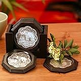 Nickel and wood coasters, 'Call of the Wild' (set of 6)