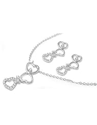 Sterling Silver Falling Love Heart Dangle Necklace and Earrings Jewelry Set with Clear CZ