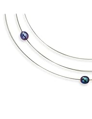 Womens Flowing Black Pearl Necklace on Stainless Steel Wire Necklace