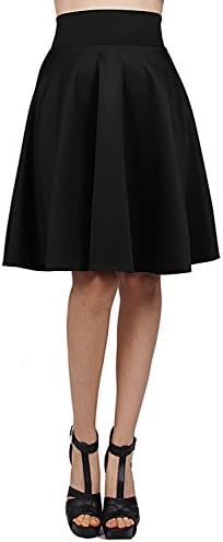 Styleyet Womens Solid High Waist Flare A-Line Knee Length Knit Skirt (Large, Black)