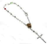 Gorgeous 24k White Gold Layered Rosary Bracelet with Genuine CZ Red & Green Crystals and Crucifix and Virgin Mary ~ Comes in a Beautiful Velour Gift Box (Rose9)