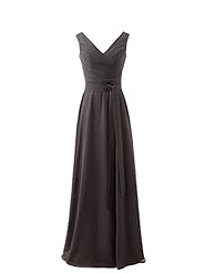 V-neck Full Length Chiffon Draped Ruched Lace Evening Dress/Bridesmaid Dress  With a Ribbon 