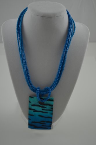 Necklace SQ Shell Pendant with Beads Zebra Design Blue/Blk 3exten