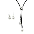 Forever Together White Cultured Pearl Leather Heart Shaped Slider Lariat Necklace & Pearl Drop Earrings Sterling Silver Set