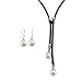 Forever Together White Cultured Pearl Leather Heart Shaped Slider Lariat Necklace & Pearl Drop Earrings Sterling Silver Set