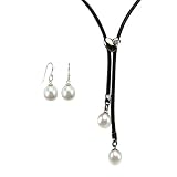 Forever Together White Cultured Pearl Leather Heart Shaped Slider Lariat Necklace & Pearl Drop Earrings Sterling Silver Set