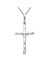 14K White Gold Crucifix Cross Charm Pendant with White Gold 0.8mm Braided Square Wheat Chain Necklace with Lobster Claw Clasp - Pendant Necklace Combination