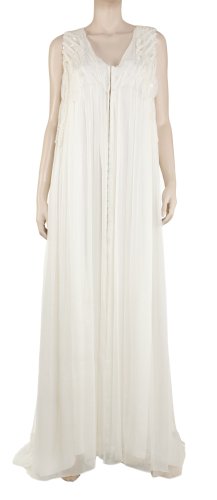 CRINKLED SILK CHIFFON BEADED LONG DRESS CREAM S