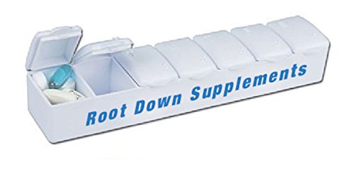 Root Down Supplements Pill Box 7-day case. Made in the USA. Weekly medicine organizer. Pocket size seven compartment container