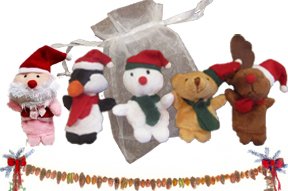 Christmas Children's Finger Puppet Holiday Stocking Stuffer Set: Santa, Penguin, Frosty, Bear, Reindeer w Gift Pouch