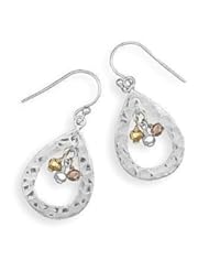 Jewelry: Sterling Silver and 14 Karat Gold Plated Hammered French Wire Earrings with Tri Tone Bead Drop - West Coast Jewelry