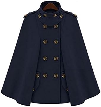 Kawen Women's Double Breasde Wool Coat Cloak Cape Shawl Trench Outwear Jacket (XL, Navy)