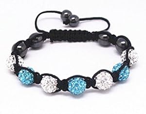 Bracelet Style Shamballa Unisexe Cristal/Hématite - Blanc et Bleu - Ajustable