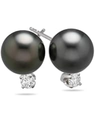 0.15 Cts Diamond & 8.0 mm Tahitian Pearl Earrings in 18K White Gold